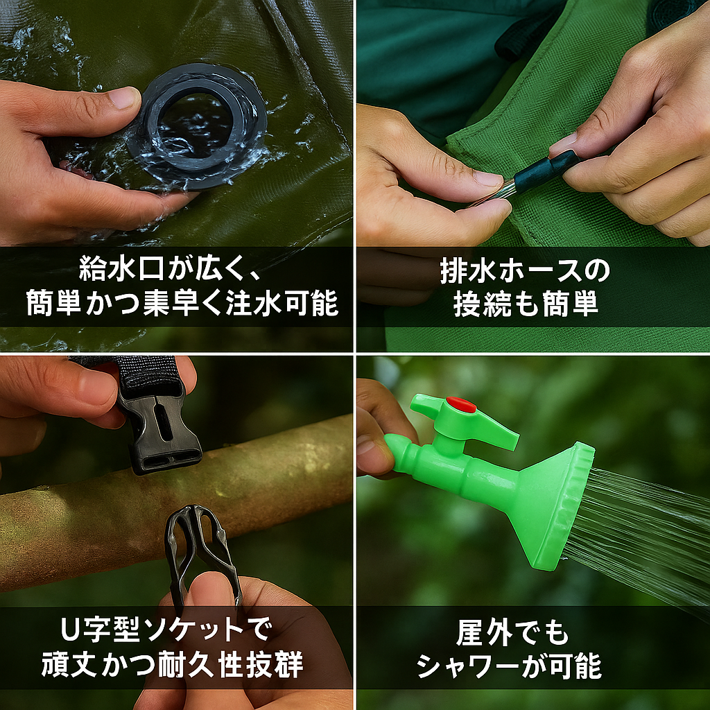 ソーラーキャンプシャワー – アウトドア用5ガロン携帯式シャワーバッグ